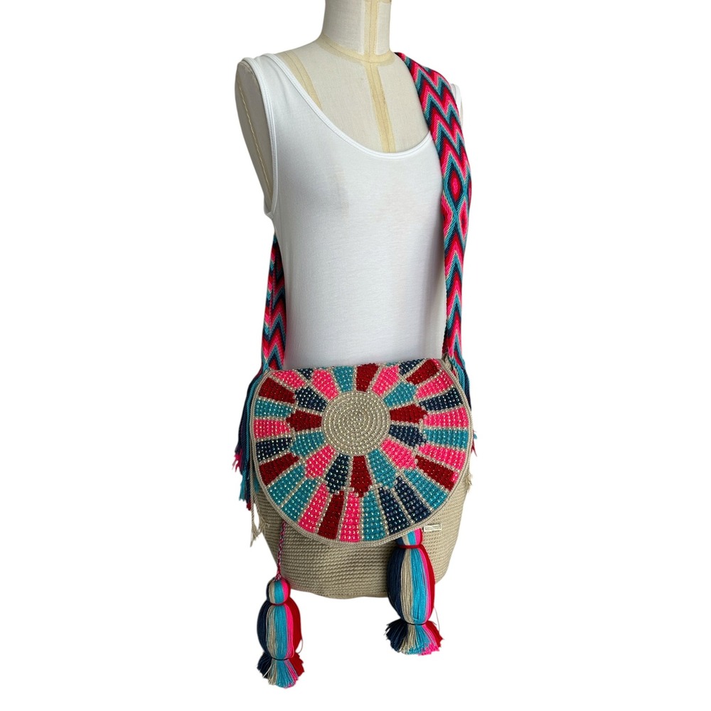 Macondo Bag Wayuu Mochila Crochet Crossbody Tassel Sunburst Beige Pink Teal